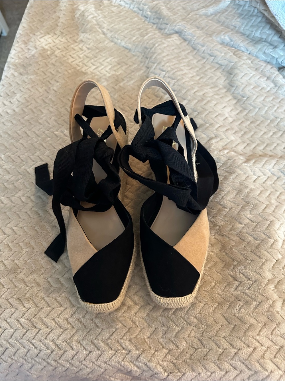 Zara Black and Beige Lace-Up Espadrille Wedge Sandals